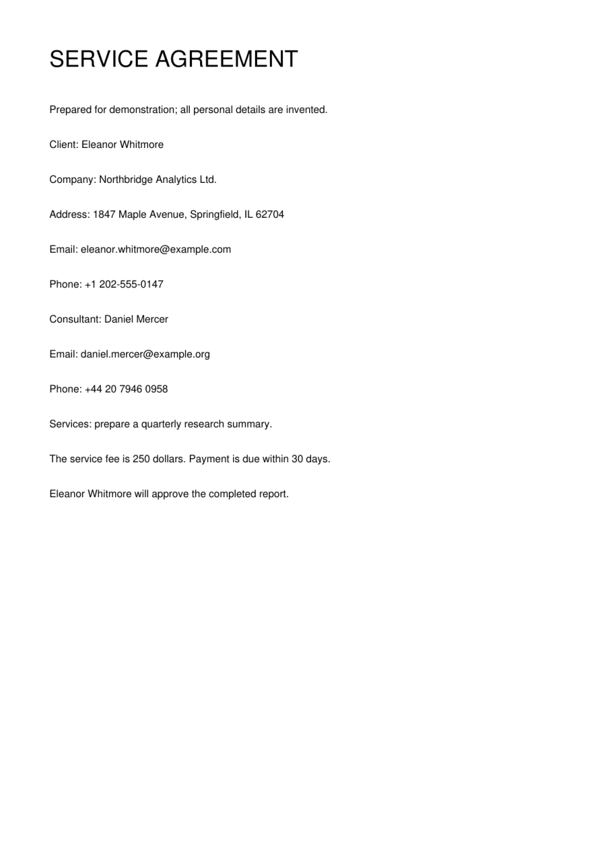 Original fictional service agreement