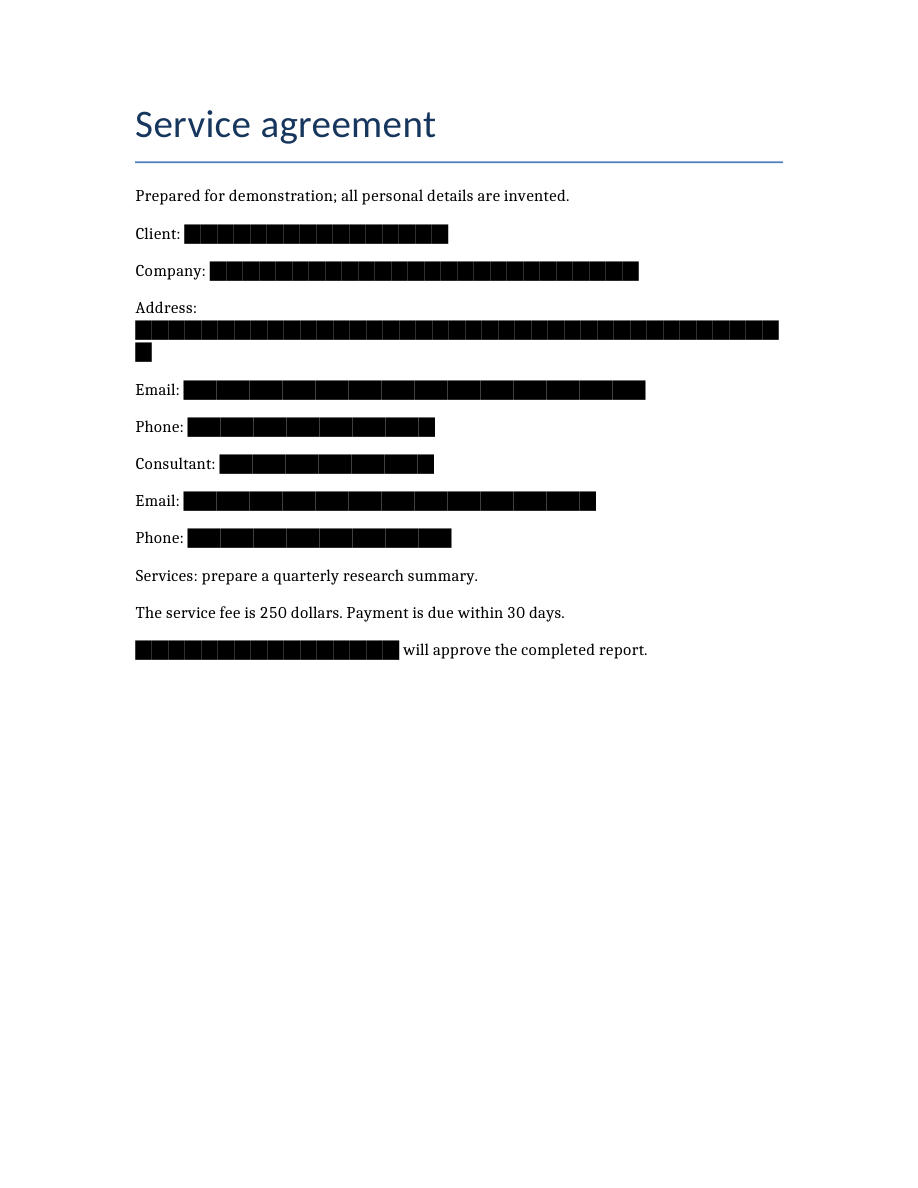 Actual fictional document output